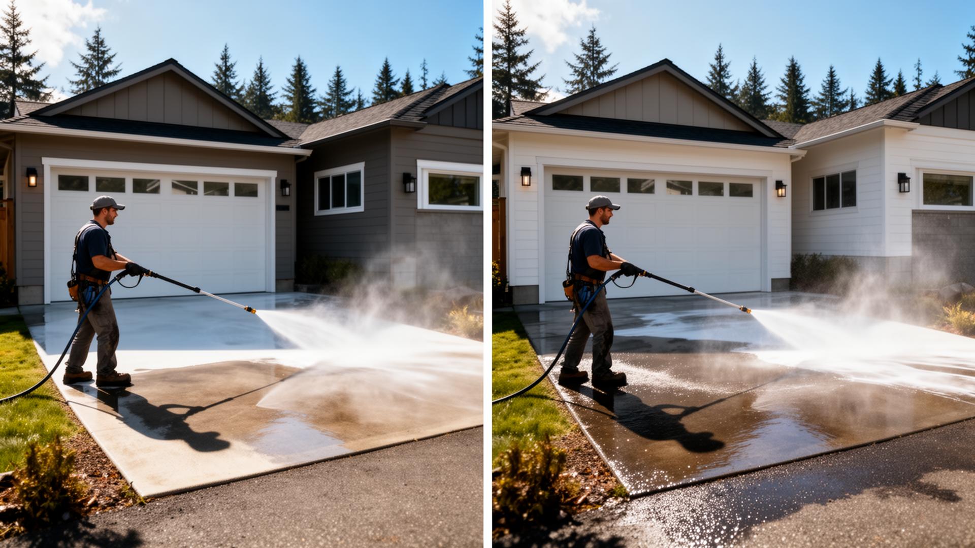 DH Pressure Washing transforming a driveway in Vancouver, WA